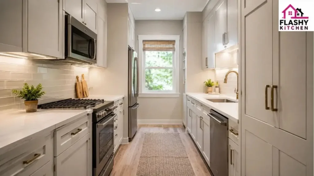 Small galley kitchen remodel with narrow layout, ceiling-height cabinets, under-cabinet lighting, and compact appliances