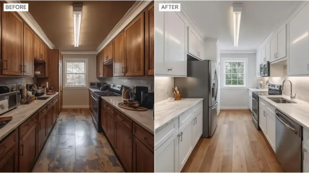 Small Galley Kitchen Remodel Before and After with Modern Cabinets and Improved Layout