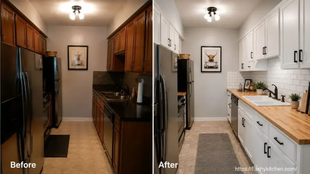 Before and after small galley kitchen remodel featuring floating shelves, white quartz countertops, a deep undermount sink, counter-depth refrigerator, and a brighter open layout.