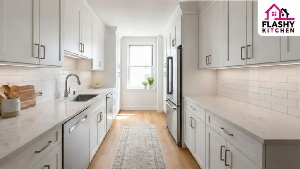 Modern small galley kitchen with white shaker cabinets, quartz countertops, subway tile backsplash, and under-cabinet lighting.