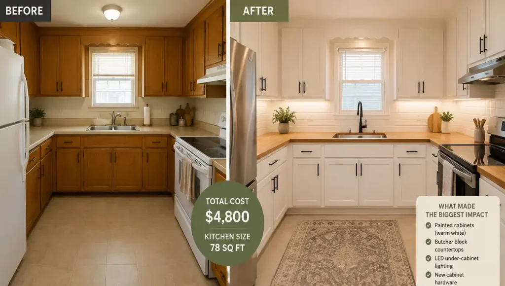 Before and after small kitchen renovation on a budget with painted cabinets, butcher block countertops, and LED lighting