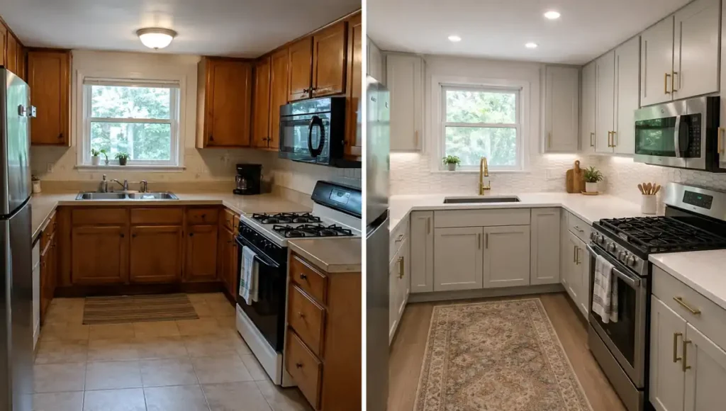 Before and after small kitchen renovation showing painted cabinets, new hardware, LED lighting, updated faucet, and peel-and-stick backsplash.