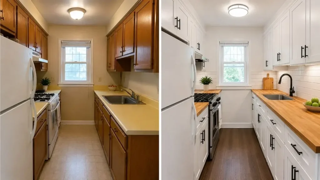 Small kitchen budget refresh before and after featuring painted white cabinets, butcher block countertops, black hardware, and subway tile backsplash