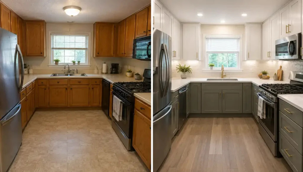 Before and after small kitchen renovation showing painted cabinets, new hardware, LED lighting, updated faucet, and peel-and-stick backsplash.