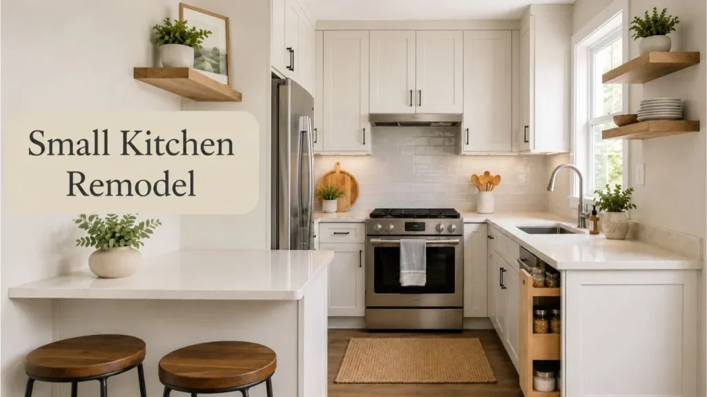 Small kitchen remodel with light cabinets, compact appliances, open shelves, and bright modern design