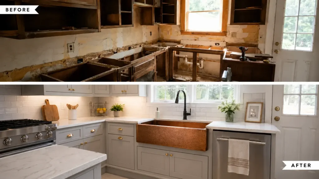 Small kitchen remodel before and after with gray cabinets, copper farmhouse sink, and white backsplash