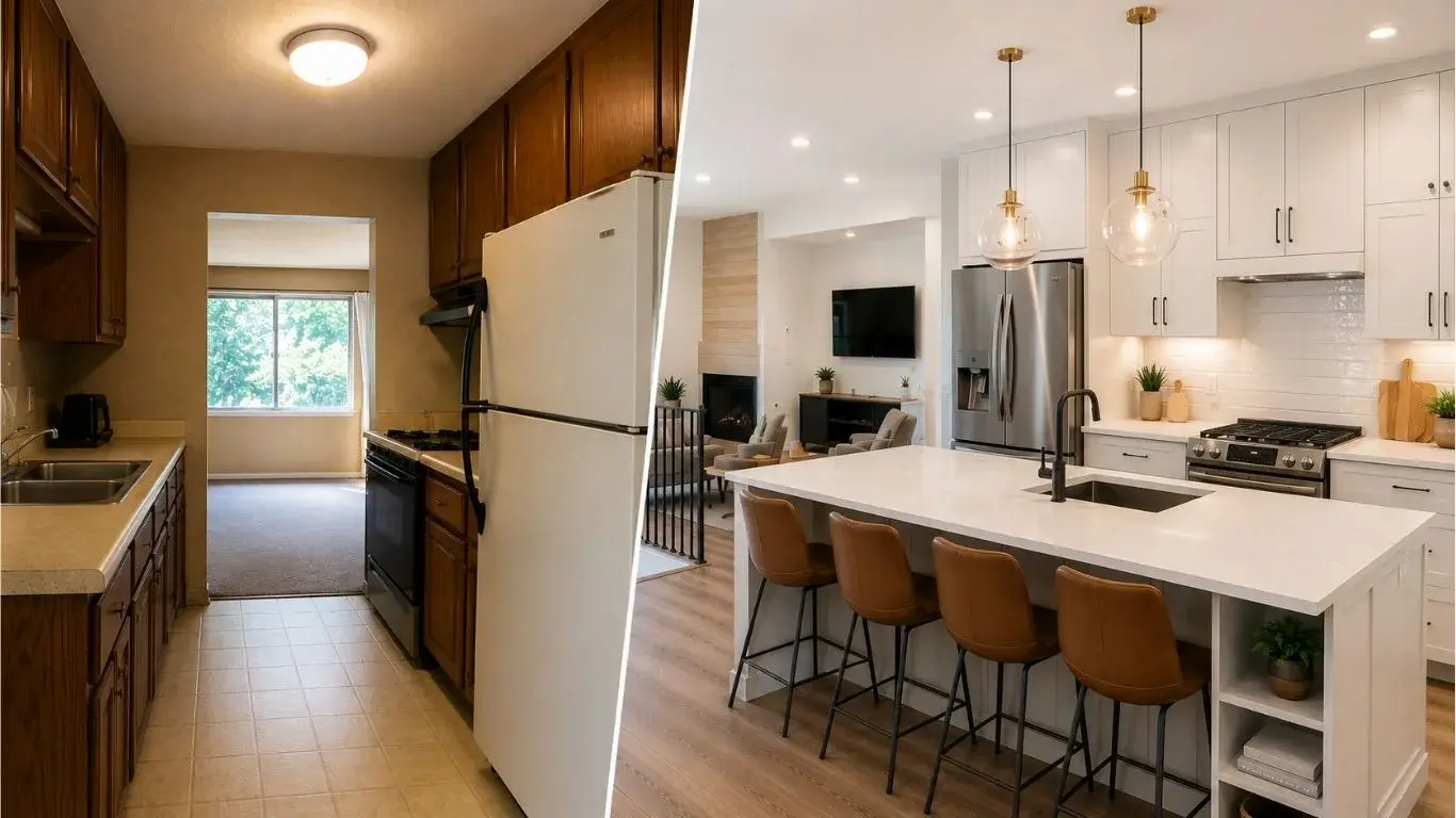Small kitchen remodel before and after featuring galley kitchen renovation, open-concept design, custom cabinets, improved storage, and modern countertops.