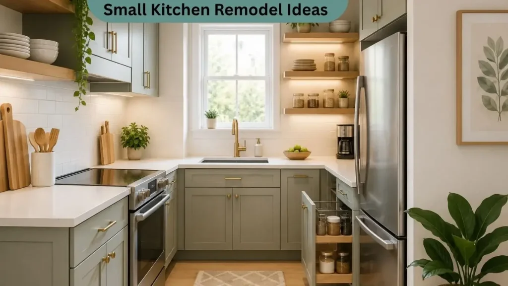Small kitchen remodel ideas featuring a modern L-shaped kitchen layout with smart storage solutions, compact appliances, and bright natural lighting