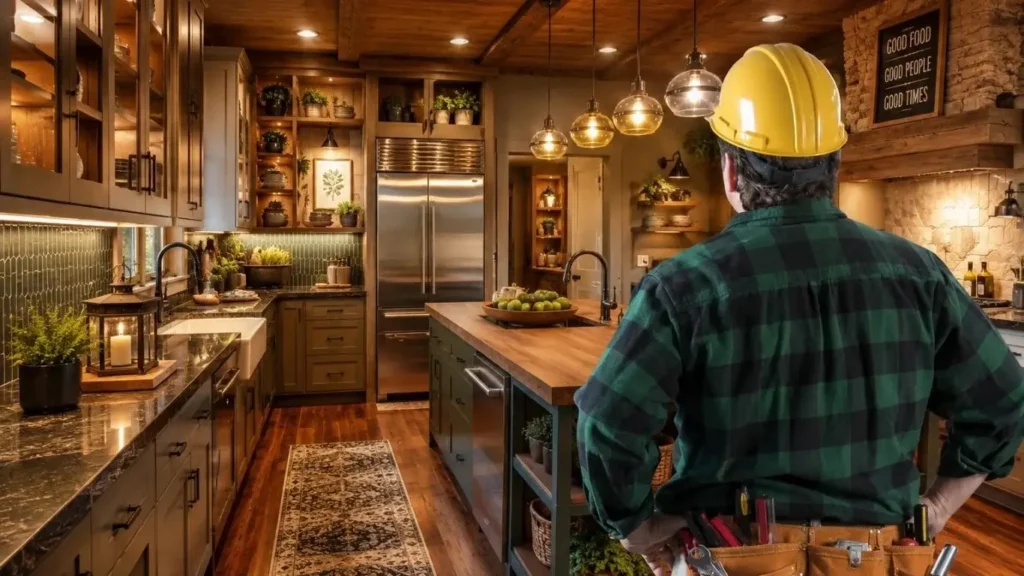 Small kitchen remodel ideas with a contractor inspecting a modern kitchen renovation featuring custom cabinets and a functional layout.