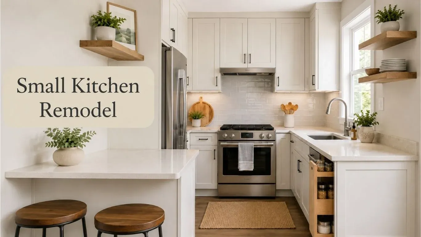 Small kitchen remodel with light cabinets, compact appliances, open shelves, and bright modern design