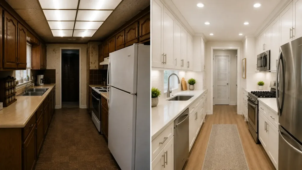 Small kitchen renovation before and after showing a dark 1980s galley kitchen transformed into a bright white shaker cabinet kitchen.