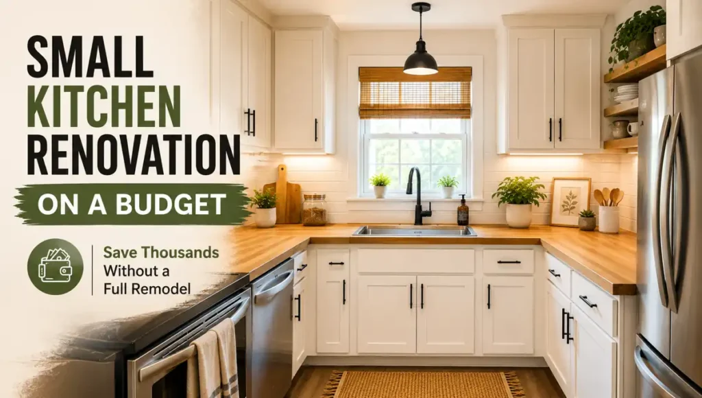 Small kitchen renovation on a budget with white cabinets butcher block countertops and modern lighting