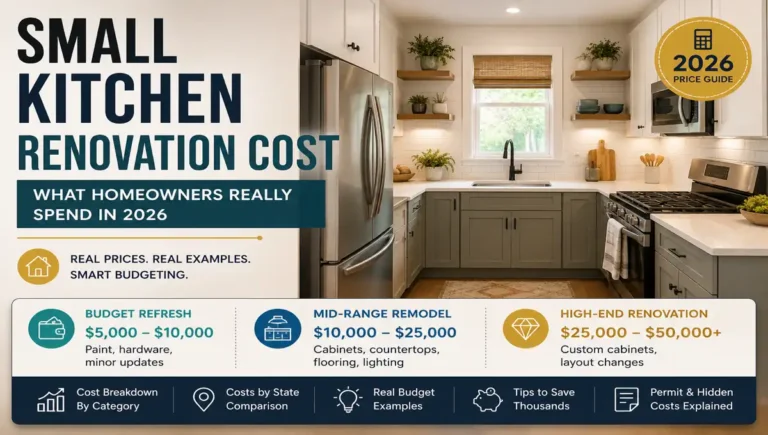 Small kitchen renovation cost guide showing budget, mid-range, and high-end remodel price ranges for homeowners.