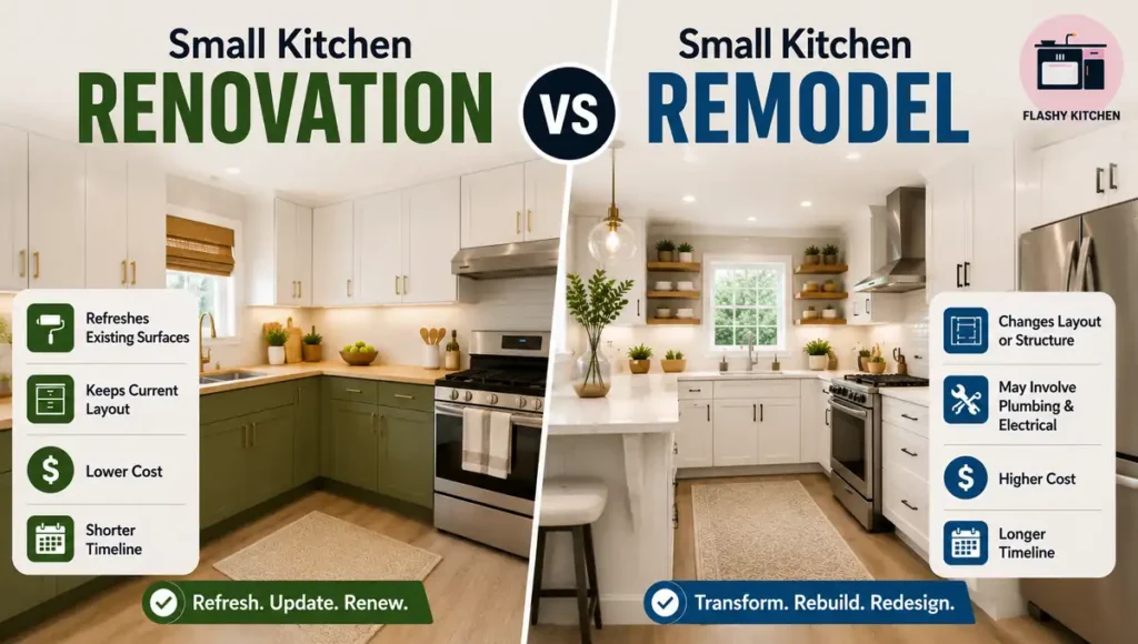 Small kitchen renovation vs small kitchen remodel comparison showing costs, layouts, and renovation ideas.
