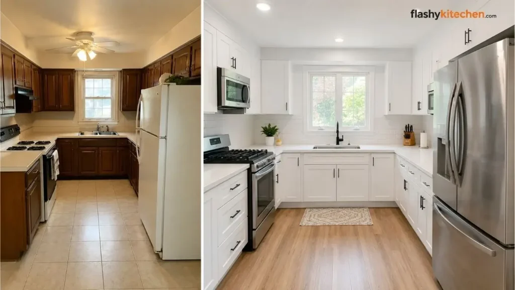 Small kitchen renovations before and after showing a real kitchen makeover with modern white cabinets and improved layout