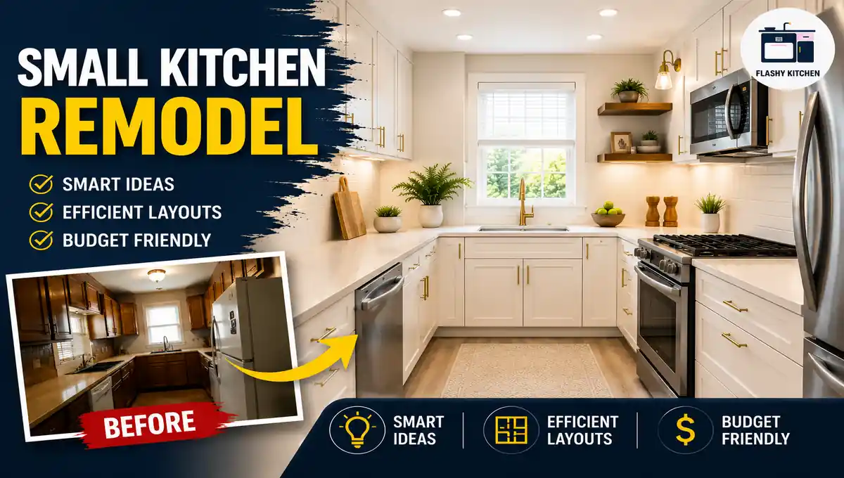 Small kitchen renovation before and after featuring a modern white kitchen makeover with smart layout ideas and budget-friendly upgrades.