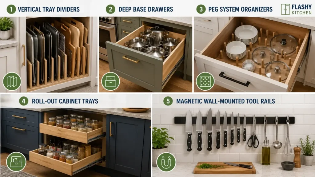 Small kitchen storage solutions including vertical tray dividers, deep drawers, peg organizers, roll-out trays, and magnetic knife rails