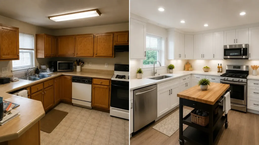 Small L-shaped kitchen renovation before and after with white cabinets, improved storage, and a butcher block rolling island.