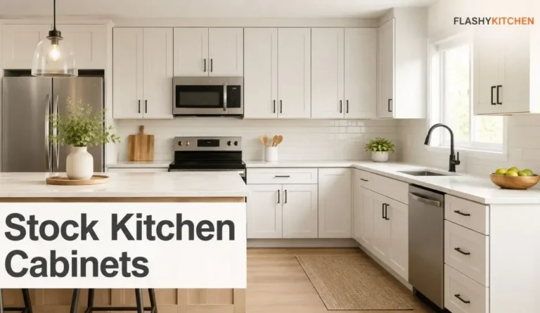 Modern kitchen with white stock kitchen cabinets, standard cabinet layout, clean countertops, and affordable remodel design