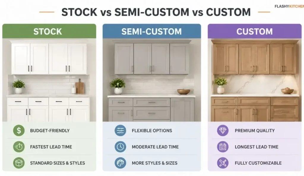 Comparison chart showing stock, semi-custom, and custom kitchen cabinets with differences in cost, flexibility, and customization options