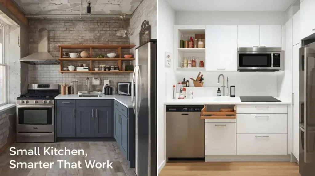 Modern studio apartment kitchen remodel featuring compact appliances, extra counter space, smart storage, and an efficient one-wall layout.