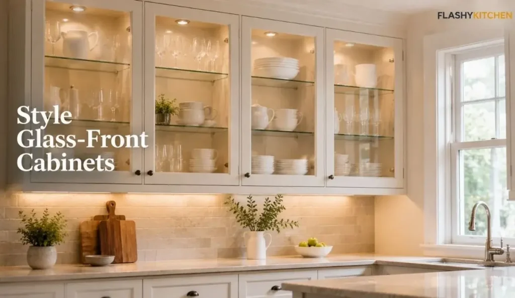 Glass-front upper kitchen cabinets styled with matching white dishes, clear glasses, bowls, and warm interior cabinet lighting.