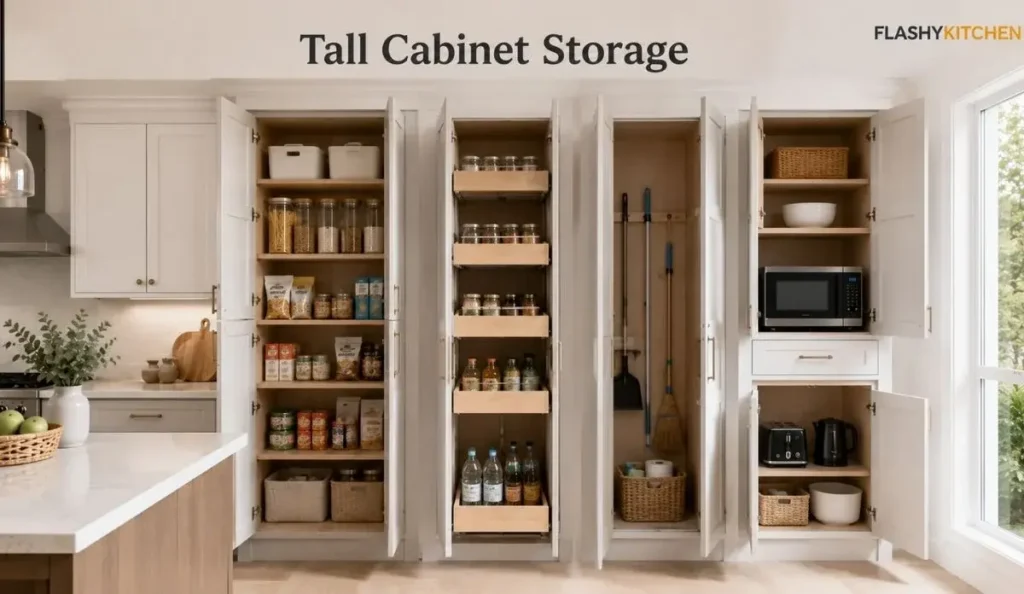 Modern tall kitchen pantry cabinets with pull-out shelves, broom storage, microwave shelf, and vertical pantry organization.