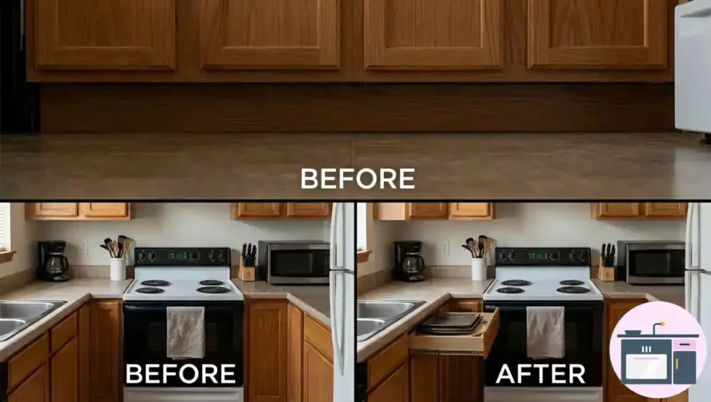 Hidden toe-kick drawers under kitchen cabinets for extra storage in a small kitchen
