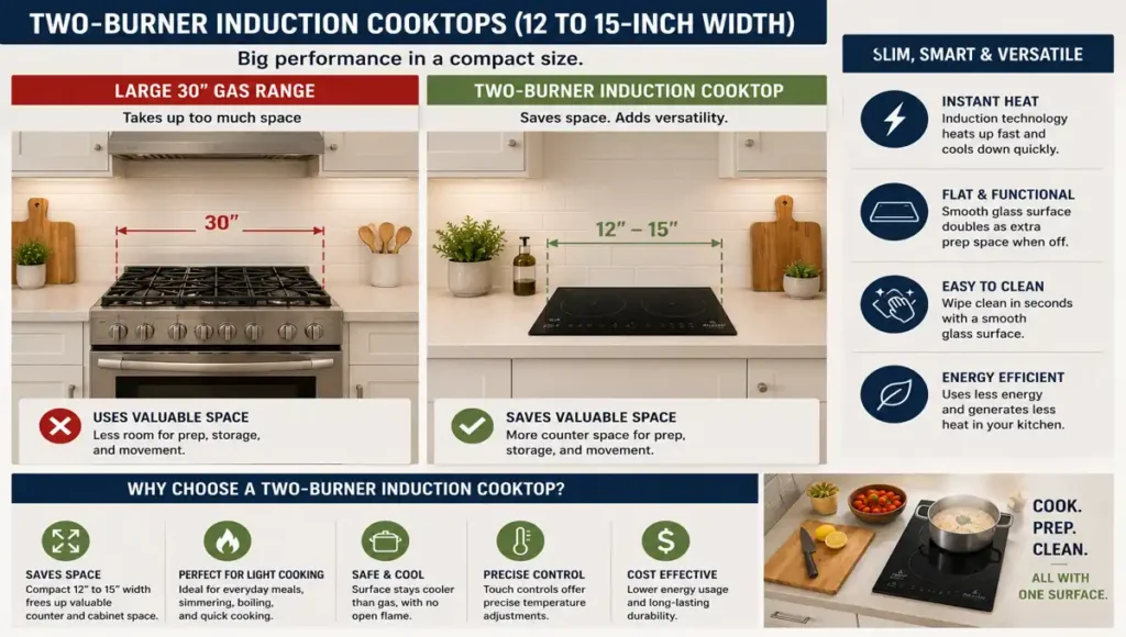 Two-burner induction cooktop compared with a large gas range in a compact kitchen