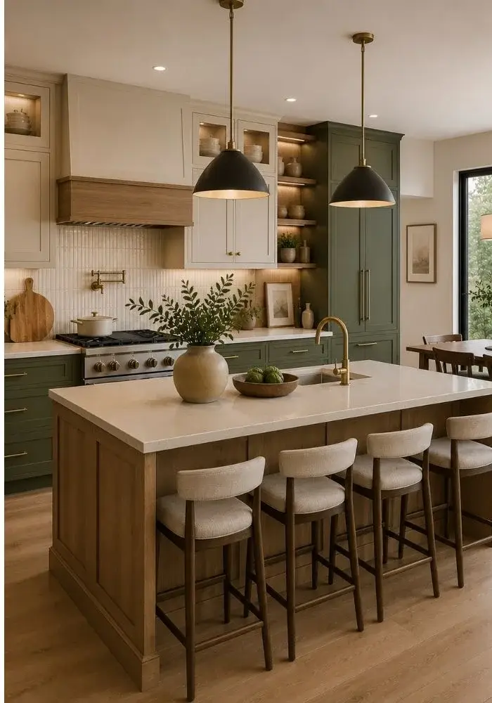 Two-tone kitchen cabinets with natural wood island, olive green cabinets, brass hardware, and modern kitchen design