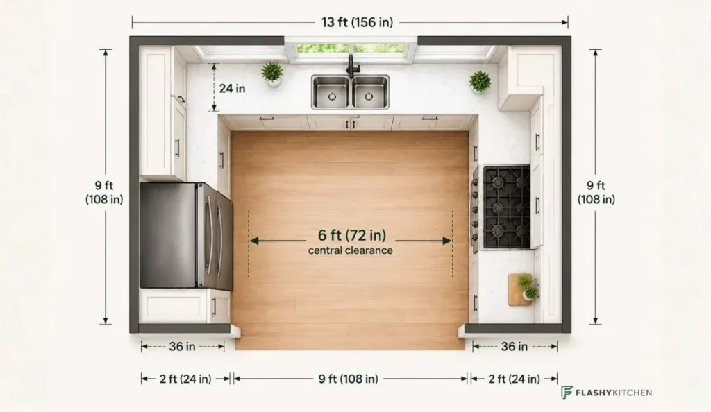 Architectural floor plan of a U-shaped kitchen layout showing cabinet placement and 6-foot central clearance between opposing counters.