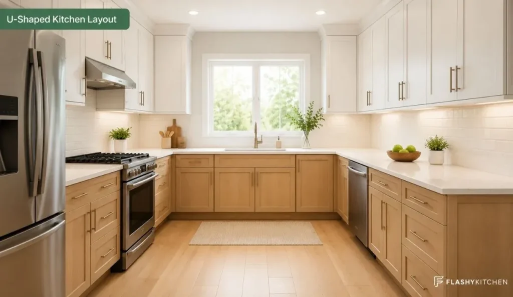 Bright modern U-shaped kitchen layout with white shaker cabinets, quartz countertops, stainless steel appliances, and warm wood flooring.