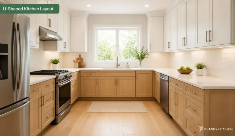 Bright modern U-shaped kitchen layout with white shaker cabinets, quartz countertops, stainless steel appliances, and warm wood flooring.