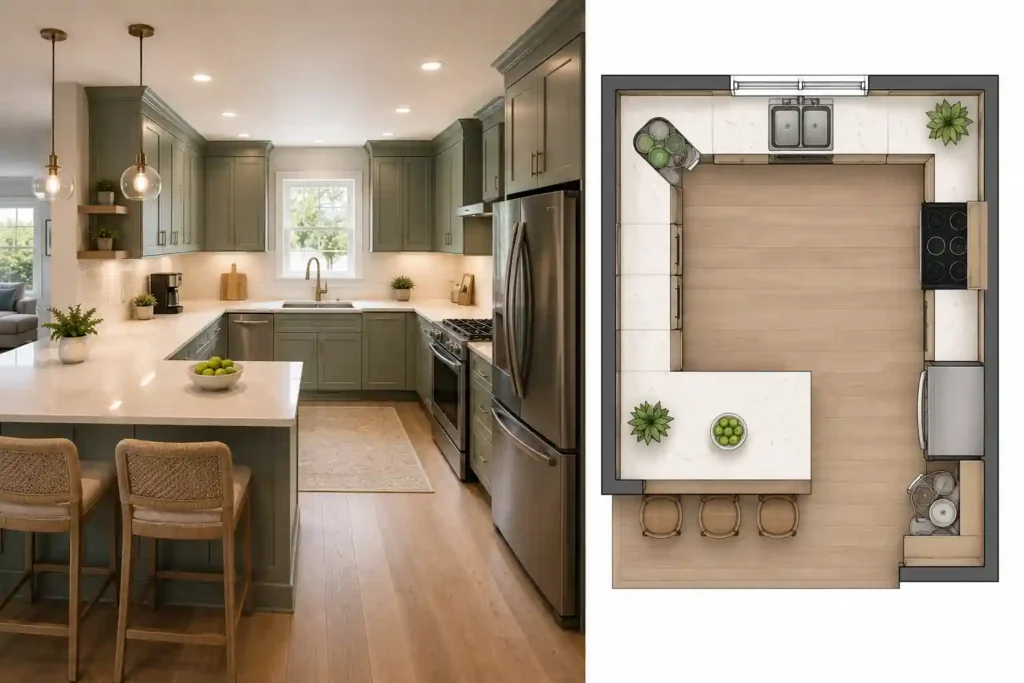 U-shaped kitchen layout with maximum counter space, corner storage solutions, and peninsula seating.