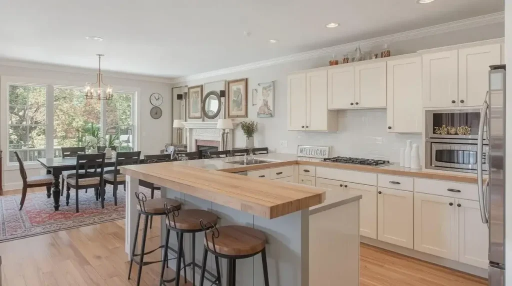 Before and after U-shaped kitchen remodel featuring removal of overhead cabinets, butcher block peninsula, open-concept layout, and improved connection to the dining area.