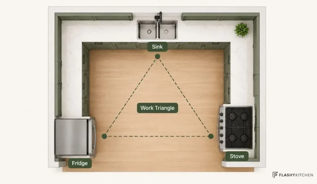 Top-down U-shaped kitchen work triangle diagram showing the sink, stove, and fridge connected by a dotted workflow triangle.