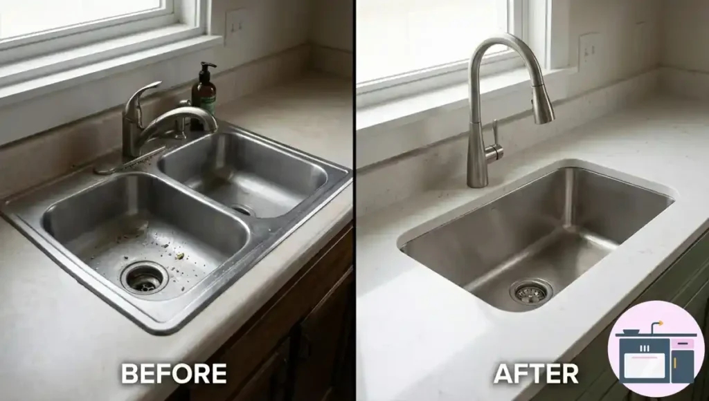 Before and after kitchen sink upgrade showing a modern under-mount sink installation