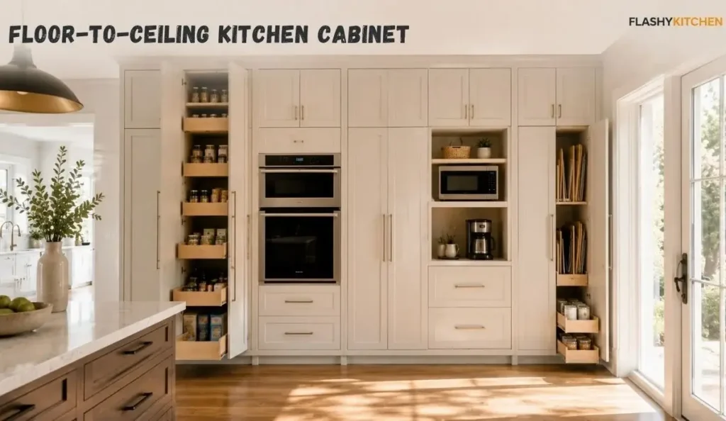Modern floor-to-ceiling kitchen cabinets with tall pantry storage, appliance garage, built-in microwave shelf, and vertical pull-out organizers.