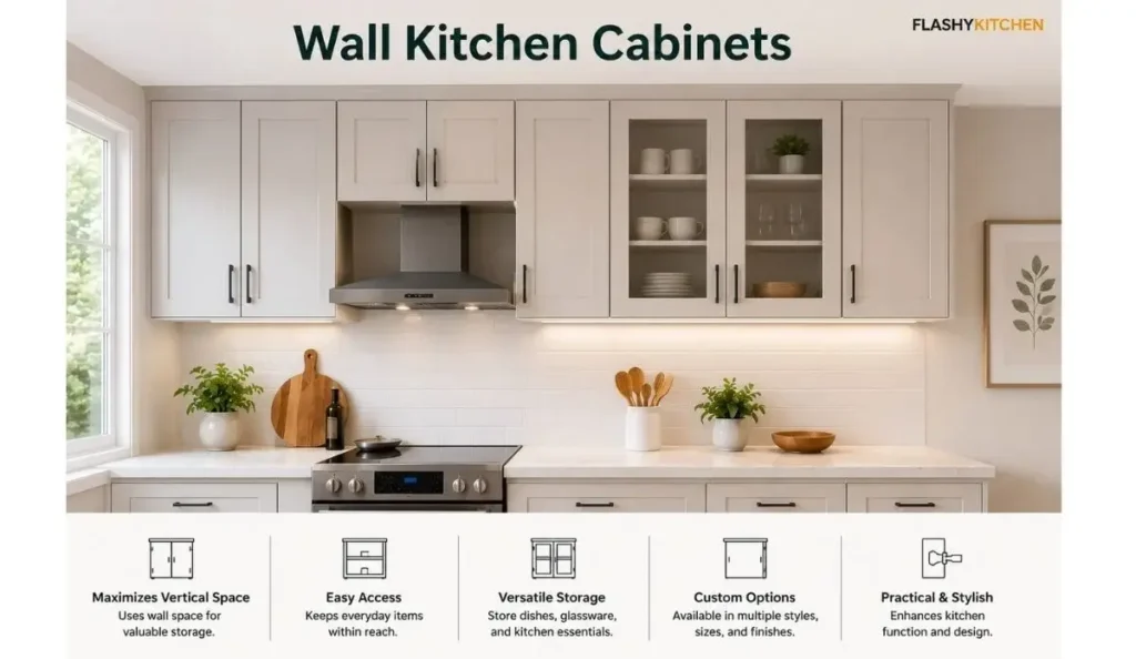 Modern wall kitchen cabinets with upper storage, glass-front cabinet doors, and organized shelves above the countertop.