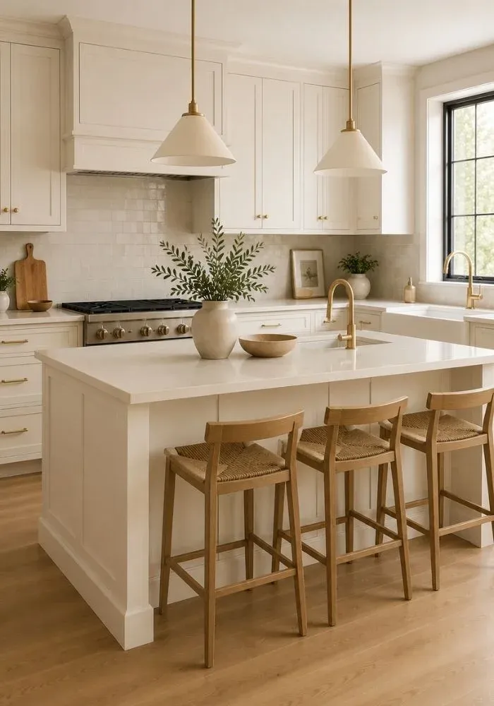 Warm white kitchen cabinets with creamy off-white finish, brass hardware, quartz countertops, and modern kitchen design