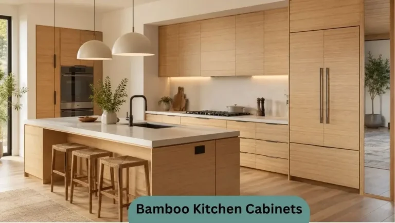 Modern Japandi kitchen with natural bamboo slab cabinets, warm-white quartz countertops, a large island, and integrated appliances.