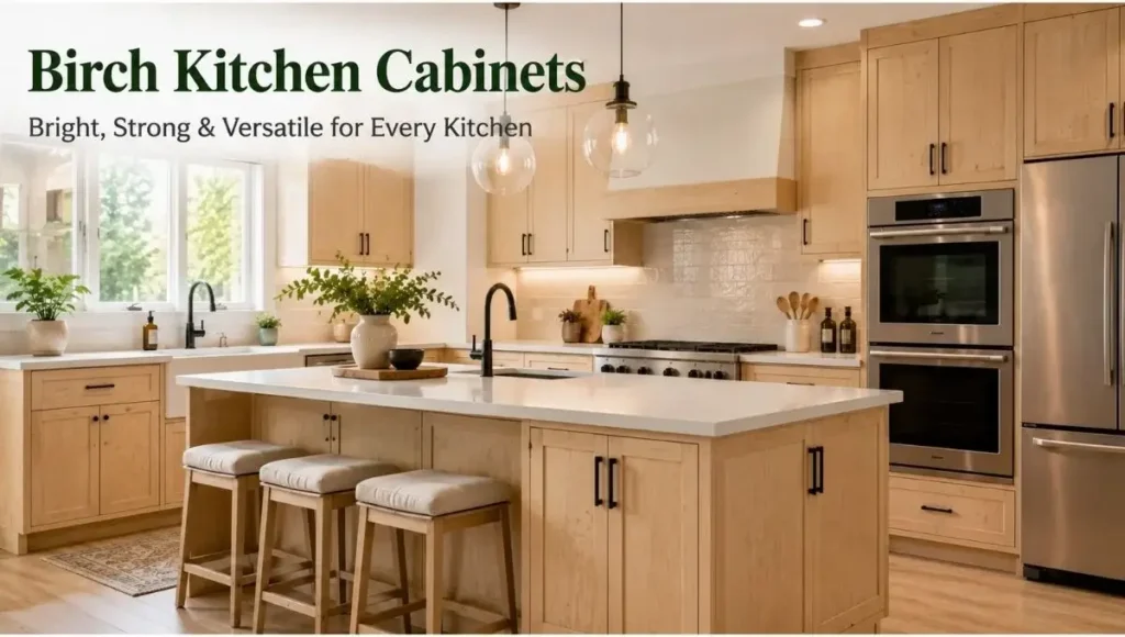 Bright modern kitchen with natural birch cabinets, white quartz countertops, a large island, and black hardware.