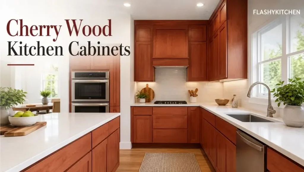 Modern kitchen with natural cherry wood Shaker cabinets, warm-white countertops, built-in appliances, and a functional island.