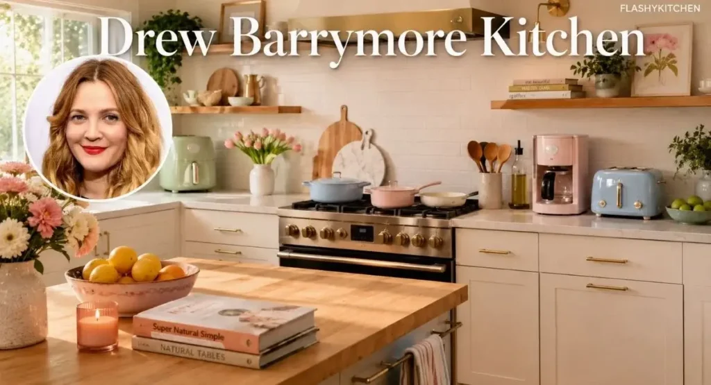 Drew Barrymore kitchen with pastel appliances, cozy decor, and circular portrait image