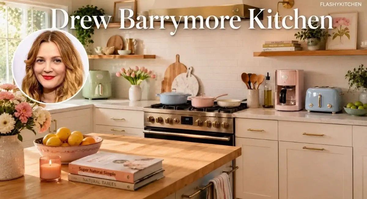 Drew Barrymore kitchen with pastel appliances, cozy decor, and circular portrait image