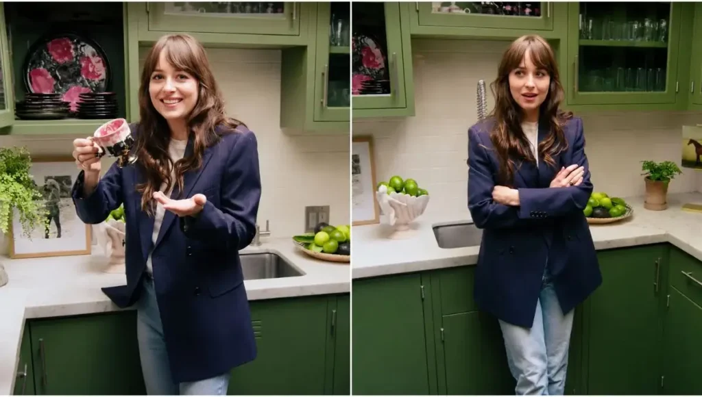 Dakota Johnson Kitchen in a green kitchen shown in two side-by-side poses in a high-quality