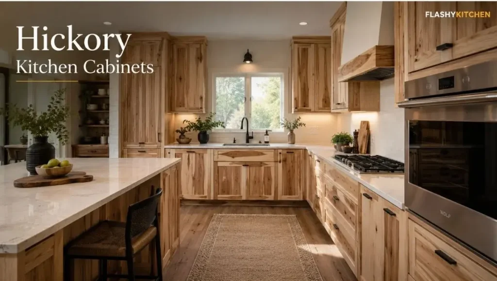 Modern kitchen with natural hickory Shaker cabinets, warm-white countertops, built-in appliances, and a functional island.