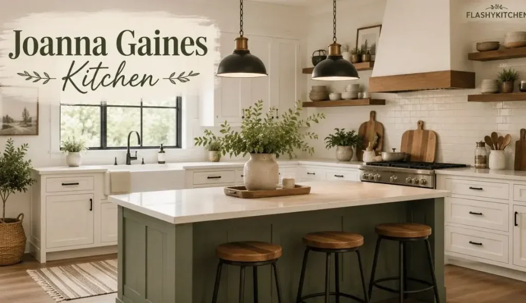 Joanna Gaines kitchen with white shaker cabinets, sage green island, wood shelves, farmhouse lighting, and warm modern farmhouse decor.