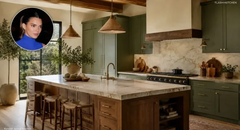 Kendall Jenner kitchen with green cabinets, wood island, marble countertops, and circular face portrait