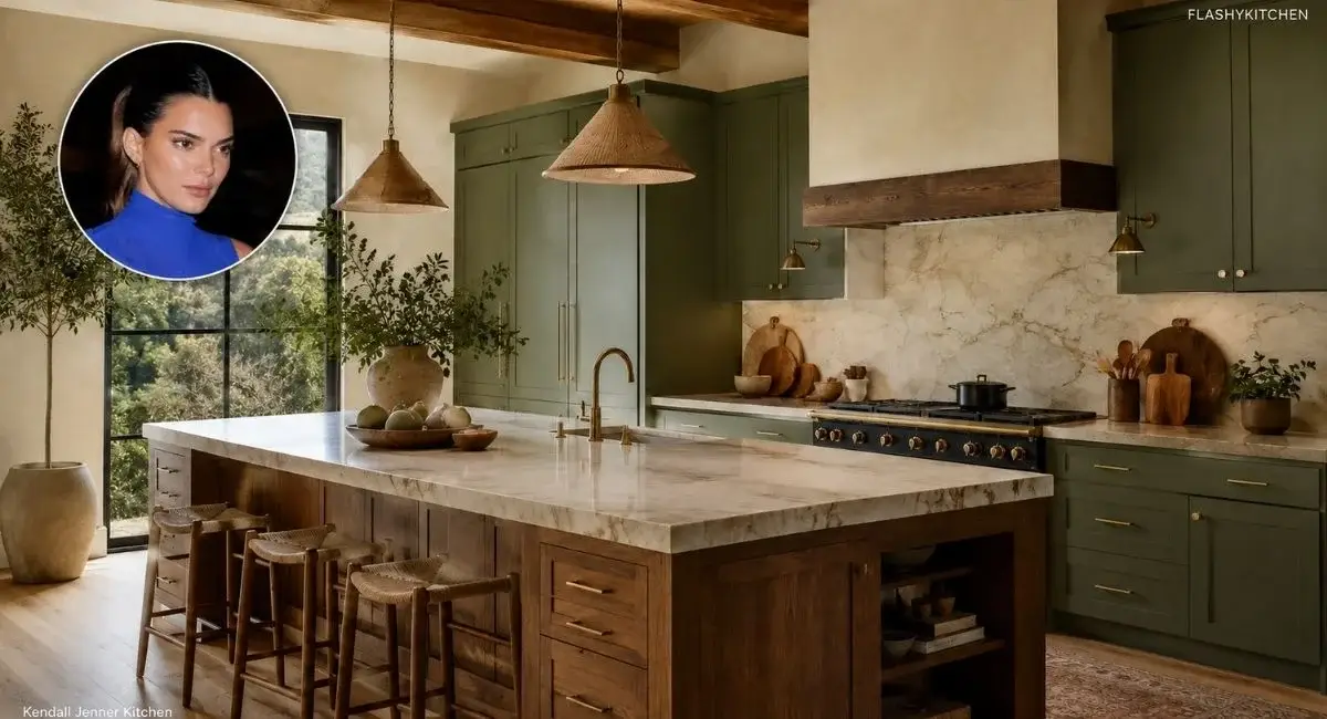 Kendall Jenner kitchen with green cabinets, wood island, marble countertops, and circular face portrait